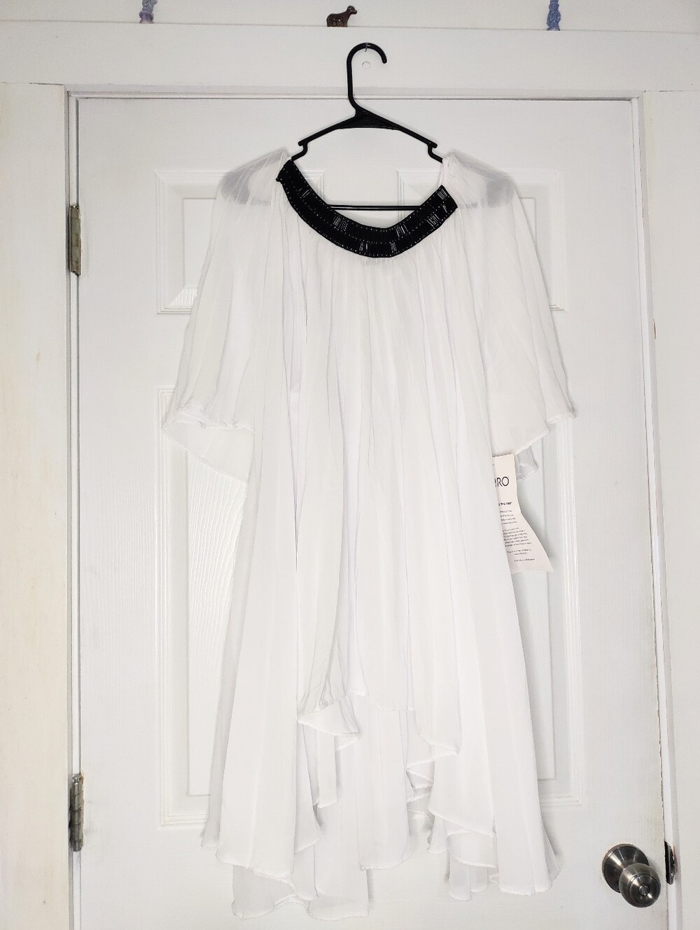 Ashro White Flowing Sheer Dress with Black Beaded Collar